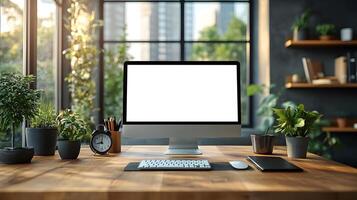 Modern office setup with desktop computer clipboard clock coffee mug calculator data graph background 8K realistic photo