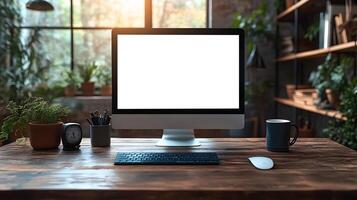 Modern office setup with desktop computer clipboard clock coffee mug calculator data graph background photo