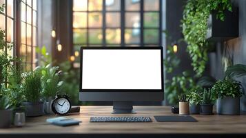 Realistic office setup showcasing computer no content clipboard calculator coffee mug clock and graph 8K photo
