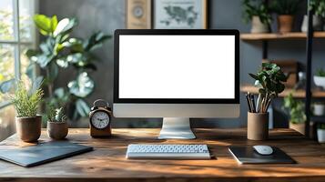 Functional workspace with simple desk setup computer clipboard clock coffee mug data chart wall photo