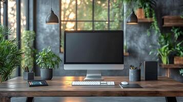 Modern professional desk setup including computer no screen content clipboard calculator coffee mug. photo