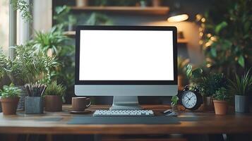 Neatly arranged office desk with professional layout computer clipboard. photo