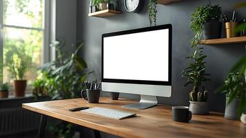 Modern desk workspace with clean setup computer clipboard coffee mug clock wall-mounted data graph 8K realistic photo