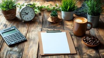 Realistic desk scene featuring office essentials computer calculator clock clipboard coffee mug graph 8K photo