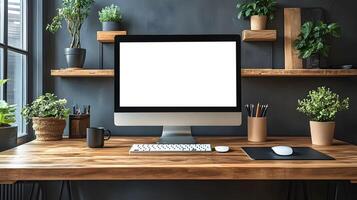 Elegant and modern workspace desk with computer clipboard coffee mug wall data chart clock. photo