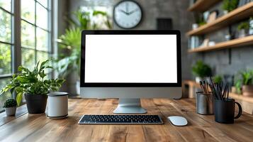 Elegant and modern workspace desk with computer. photo