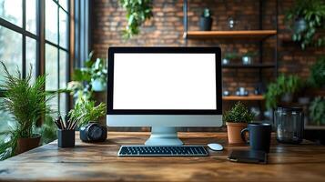 Functional workspace with simple desk setup computer clipboard clock coffee mug data chart wall 8K realistic photo