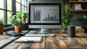 Functional office desk with computer calculator clipboard coffee mug wall mounted data graph photo
