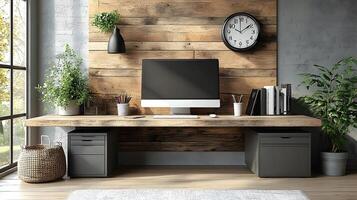 workspace desk with modern setup computer clipboard calculator clock coffee mug wall graph photo