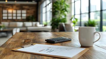 Functional office desk with computer calculator clipboard coffee mug wall-mounted data graph photo