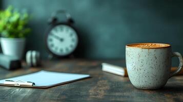 Minimal workspace design featuring organized desk computer clipboard calculator clock coffee mug photo