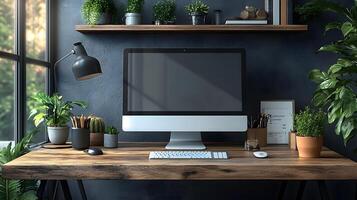Contemporary workspace desk including computer no screen content clipboard coffee mug calculator. photo