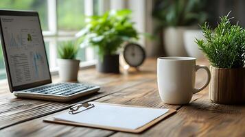 Organized office desk setup showing computer clipboard clock calculator coffee mug data graph background. photo