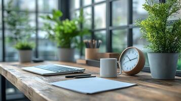 Minimal workspace design featuring organized desk computer clipboard calculator clock coffee mug graph. photo