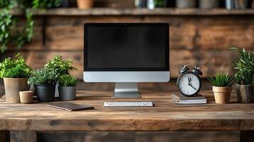 Minimal workspace design featuring organized desk computer clipboard calculator clock coffee mug. photo