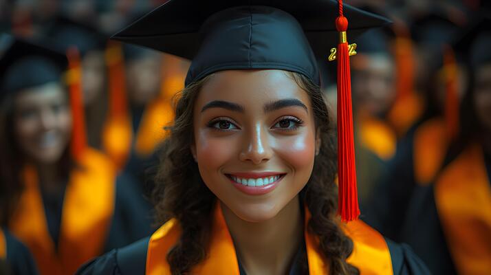 Smiling graduates capturing selfie in papercut style bright celebratory setting 8K realistic