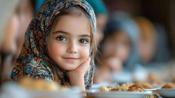 Kids learning about fasting while sitting with parents during Iftar, photo
