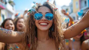 Group of friends dressed in colorful carnival outfits laughing and celebrating, photo