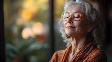 Senior using an AI-powered app to manage health and wellness in a peaceful indoor setting, photo