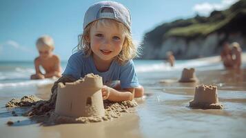 Children building sandcastles on a sunny beach with gentle waves in the background, photo