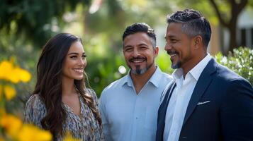 Latin couple smiling while discussing home options with a realtor in a green neighborhood, photo