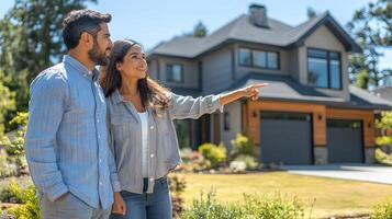 Young Latin couple and realtor viewing suburban area, pointing at homes, photo