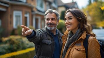 Couple and realtor pointing at houses and smiling in a well-maintained suburban neighborhood, photo