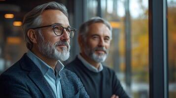 Two business leaders analyzing e-commerce strategies, standing near large windows, photo