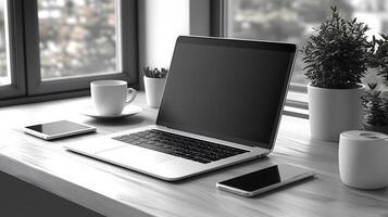 Digital devices like laptop tablets, and smartphones on a clean modern desk, realistic 8K resolution, photo