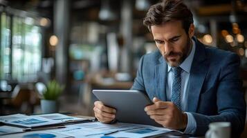 Business analyst reviewing data on a tablet in well-lit workspace, realistic 8K resolution, photo