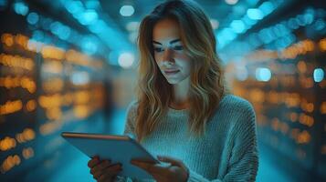 Businesswoman using tablet for presentation in a bright office setting, realistic 8K resolution, photo