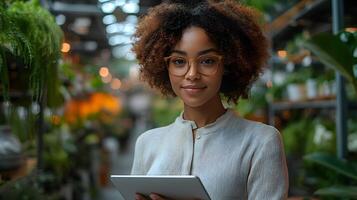 Businesswoman using a tablet for presentation in a bright office setting, realistic 8K resolution, photo