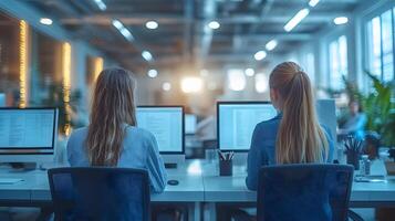 Busy office environment with employees working on innovative technology projects, realistic 8K resolution, photo
