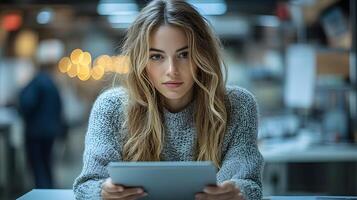 Business analyst reviewing data on a tablet in a well-lit workspace, realistic 8K resolution, photo