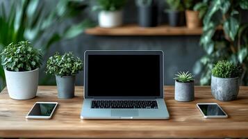 Digital devices like laptops, tablet, and smartphones on a clean modern desk, realistic 8K resolution, photo