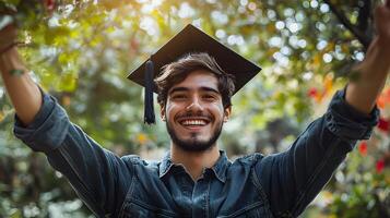Student tossing cap in celebration, sunny outdoor setting with clear sky and empty text space photo