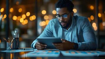 Business analyst reviewing data on tablet in a well-lit workspace, realistic 8K resolution, photo
