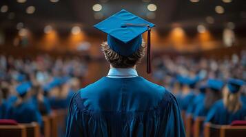 Technical school graduate walking across a stage, audience softly blurred with space for text photo