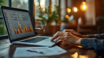 Hands typing on a sleek laptop next to financial charts and graphs printed on paper, 8K high quality realistic, photo