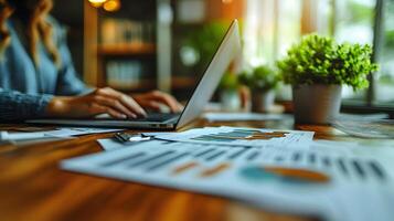 A close-up of hands typing on a laptop while reviewing financial reports with paper documents spread on a wooden desk, 8K high quality realistic, photo
