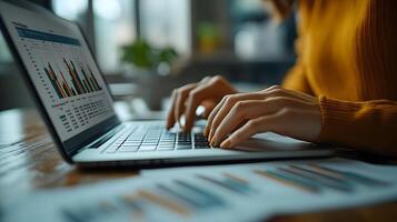 Hands entering data on laptop while referring to financial reports laid out on the desk, 8K high quality realistic, photo