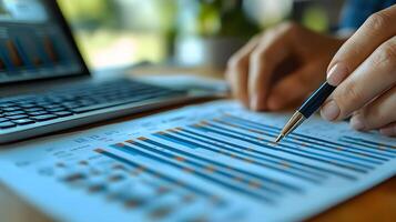 Close-up of hands on a keyboard next to paper documents showing financial performance metrics, 8K high quality realistic, photo