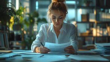 Insurance adjuster in a modern office surrounded by documents and digital tools for claim evaluation, 8K detailed 3D animation render, photo