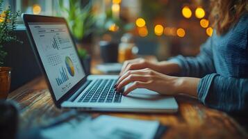A detailed close-up of hands analyzing financial documents while typing on a laptop, 8K high quality realistic, photo