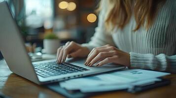 A professional setting showing hands typing on a laptop next to financial documents, 8K high quality realistic, photo