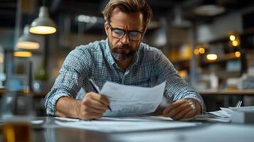Adjuster examining detailed home claim documents and insurance policy forms in a high-tech setting, 8K detailed 3D animation render, photo