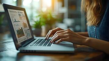 A close-up of hands typing on a laptop with a focus on paper documents showing financial trends, 8K high quality realistic, photo