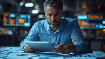 Insurance adjuster in a modern office analyzing a home insurance claim on a tablet, surrounded by charts and documents, 8K detailed 3D animation render, photo