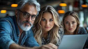 Professional advisor explaining data driven financial insights on a laptop to clients in a collaborative meeting photo