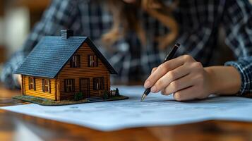 Adjuster working on home insurance paperwork with a small house model as a visual aid, clean background and copy space photo